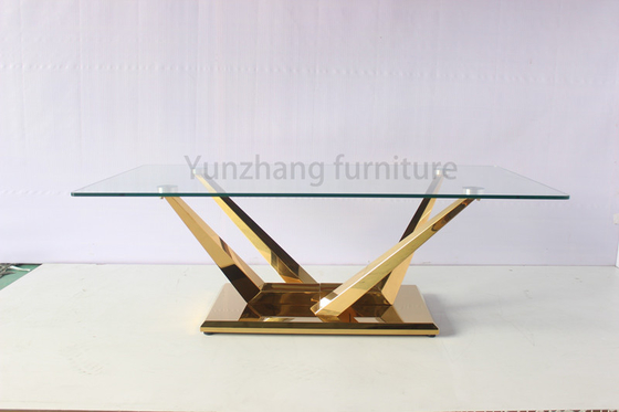 Bàn ăn kính trong suốt hình chữ nhật Thiết bị thép không gỉ với nền bằng vàng