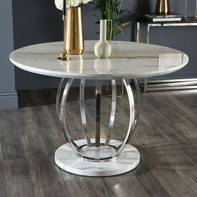 Bàn ăn bằng thép không gỉ màu bạc cao cấp bằng đá cẩm thạch với bộ ghế H75cm