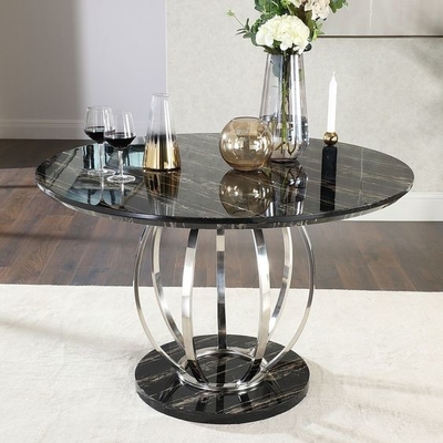 Bàn ăn bằng thép không gỉ màu bạc cao cấp bằng đá cẩm thạch với bộ ghế H75cm