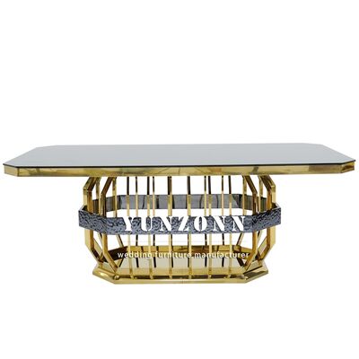 Giá tốt Modern Gold Stainless Steel Wedding Banquet Bàn ăn hình chữ nhật Glass Hotel Furniture for Wedding Tables and Rentals trực tuyến