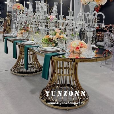 Giá tốt Bàn ăn kính bằng thép không gỉ mạ vàng sang trọng cho khách sạn, nội thất sự kiện thanh lịch trực tuyến