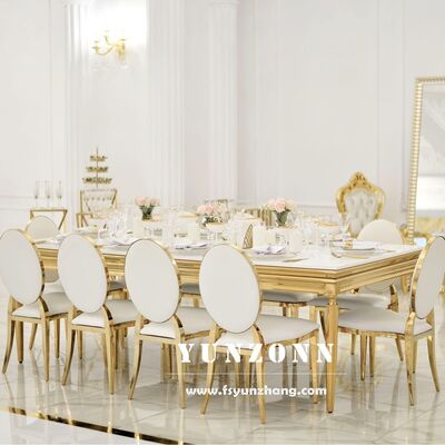 Giá tốt Bàn ăn mặt kính khung vàng hiện đại thiết kế hình chữ nhật dài cho tiệc cưới, khách sạn ngoài trời, phòng khách, tiệc tùng trực tuyến