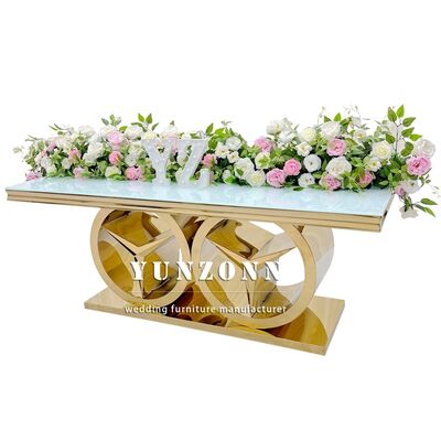 Giá tốt Bàn ăn hình chữ nhật vàng hiện đại với cơ sở Benz Thiết bị đám cưới sang trọng cho các sự kiện ngoài trời và khách sạn sử dụng kính / MDF trên trực tuyến