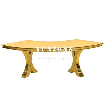 Giá tốt Modern Gold Cross X Legs Serpentine S-Shaped Glass and Metal Wedding Dining Banquet Table for Outdoor Hotels Sự kiện Tiệc tùng trực tuyến