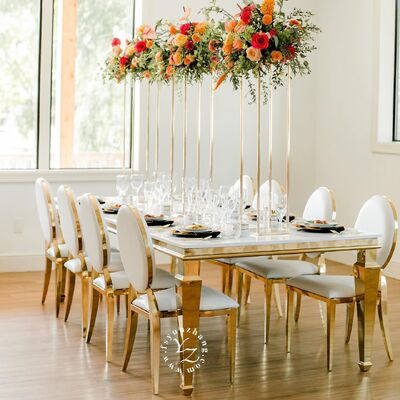 Giá tốt Modern Gold Stainless Steel Mirrored Glass Top Bàn ăn cho khách sạn Đám cưới Tiệc tùng Sự kiện ngoài trời cho tiệc tùng trực tuyến