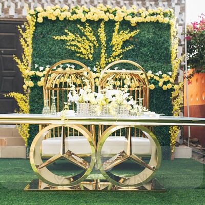 Giá tốt Bàn Ăn Tiệc Cưới Khung Thép Không Gỉ Phong Cách Hiện Đại Nội Thất Khách Sạn Ngoài Trời Mới Với Kính và MDF cho Tiệc Tùng và Sự Kiện trực tuyến