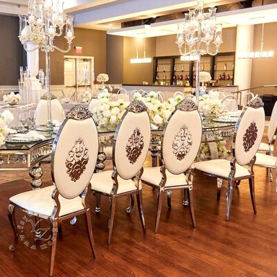 Giá tốt Modern Gold Stainless Steel Oval Back Chair with Leather cho phòng ăn khách sạn và đám cưới phong cách đương đại cho căn hộ trực tuyến